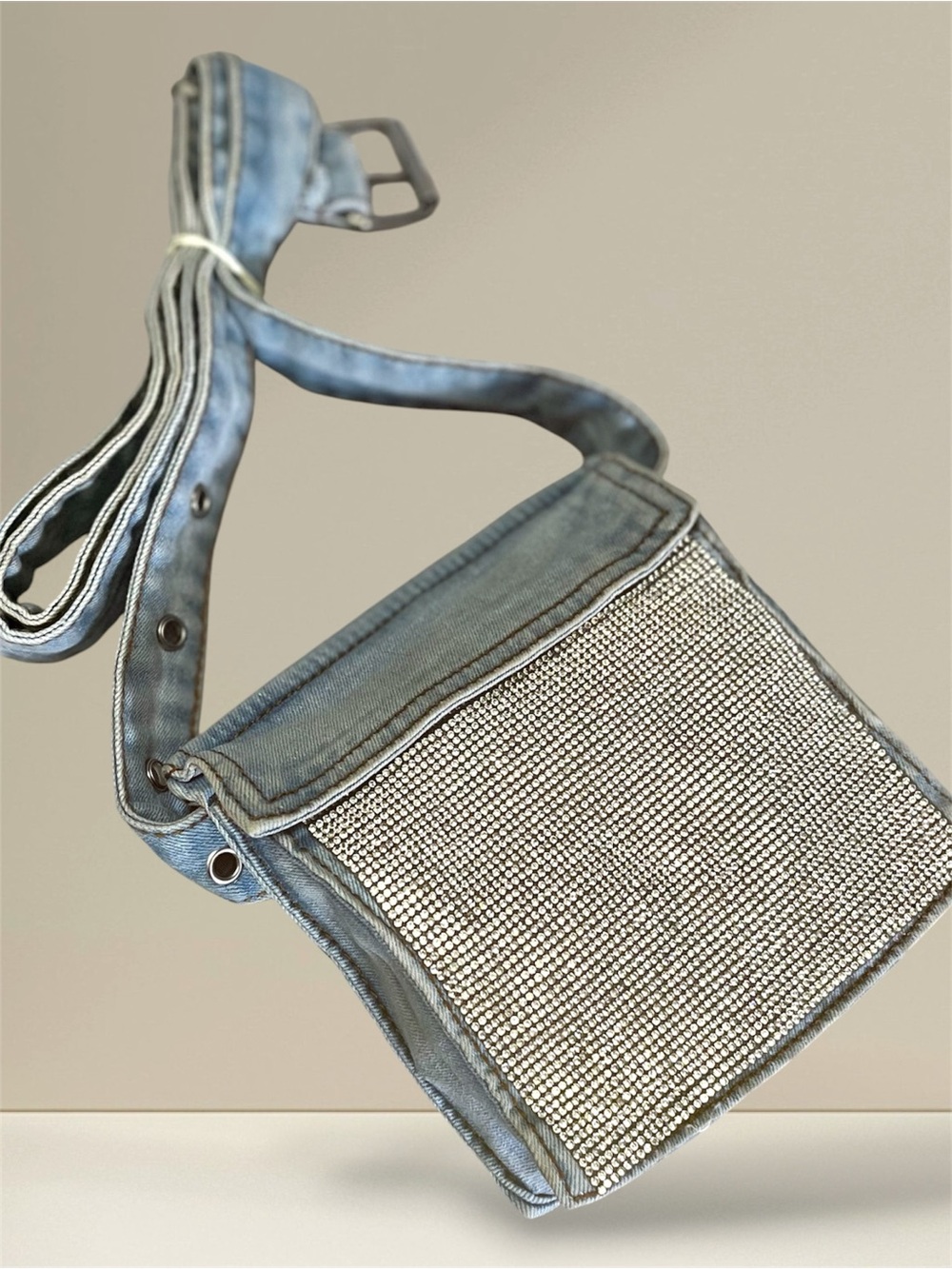 Rare Blue Jean BELT Bag Crossbody Denim Purse Bling Rhinestone Fanny Pack Unique